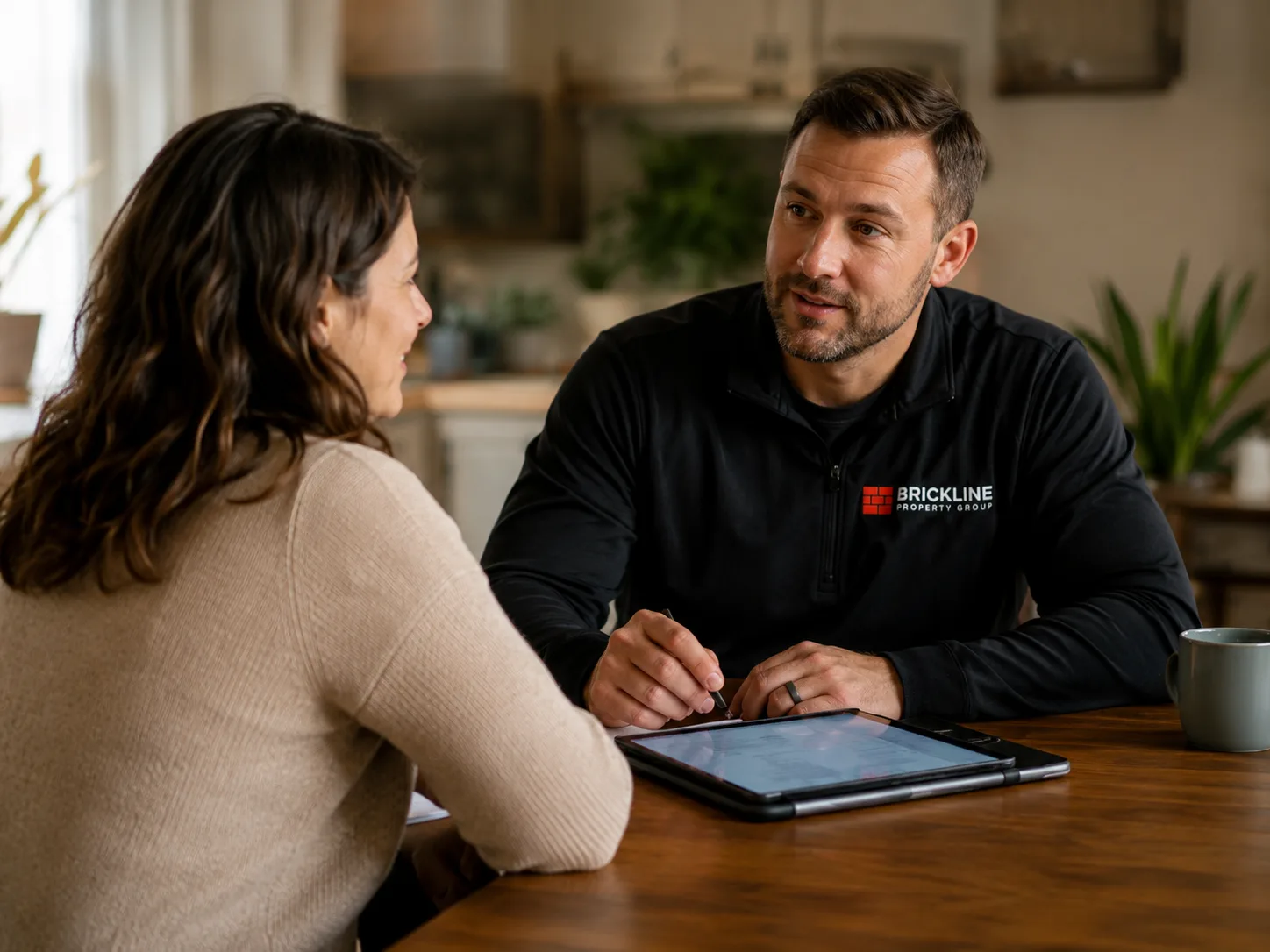 Homeowner in calm conversation with a Brickline team member, reviewing a tablet together