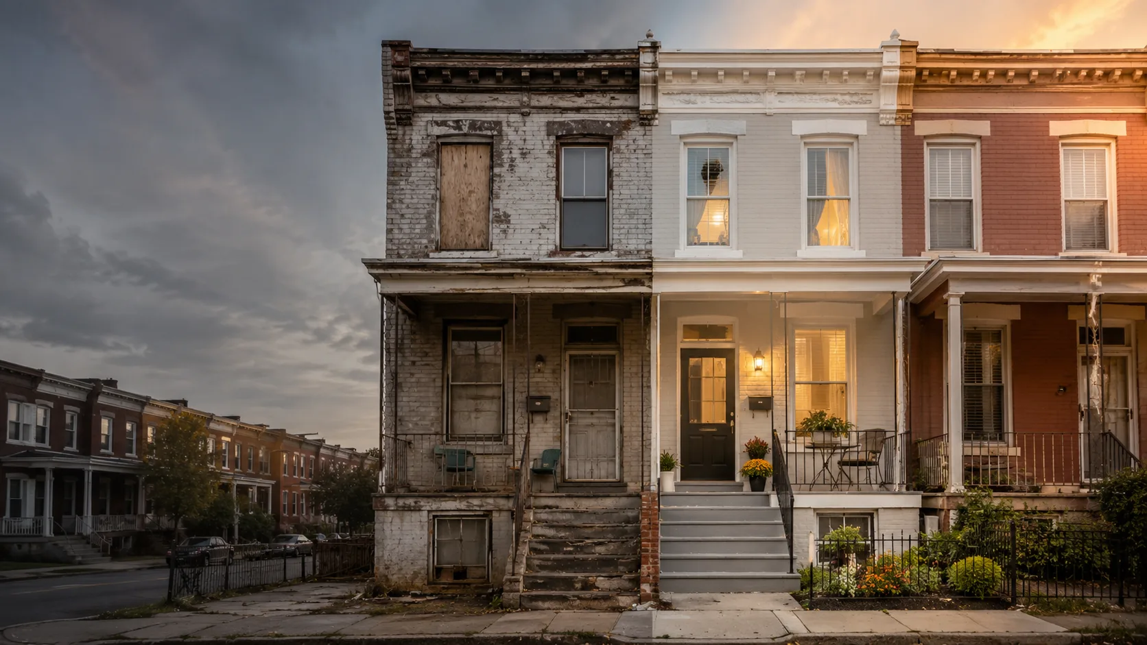 Side-by-side view of a rundown rowhouse transformed into a beautifully renovated home